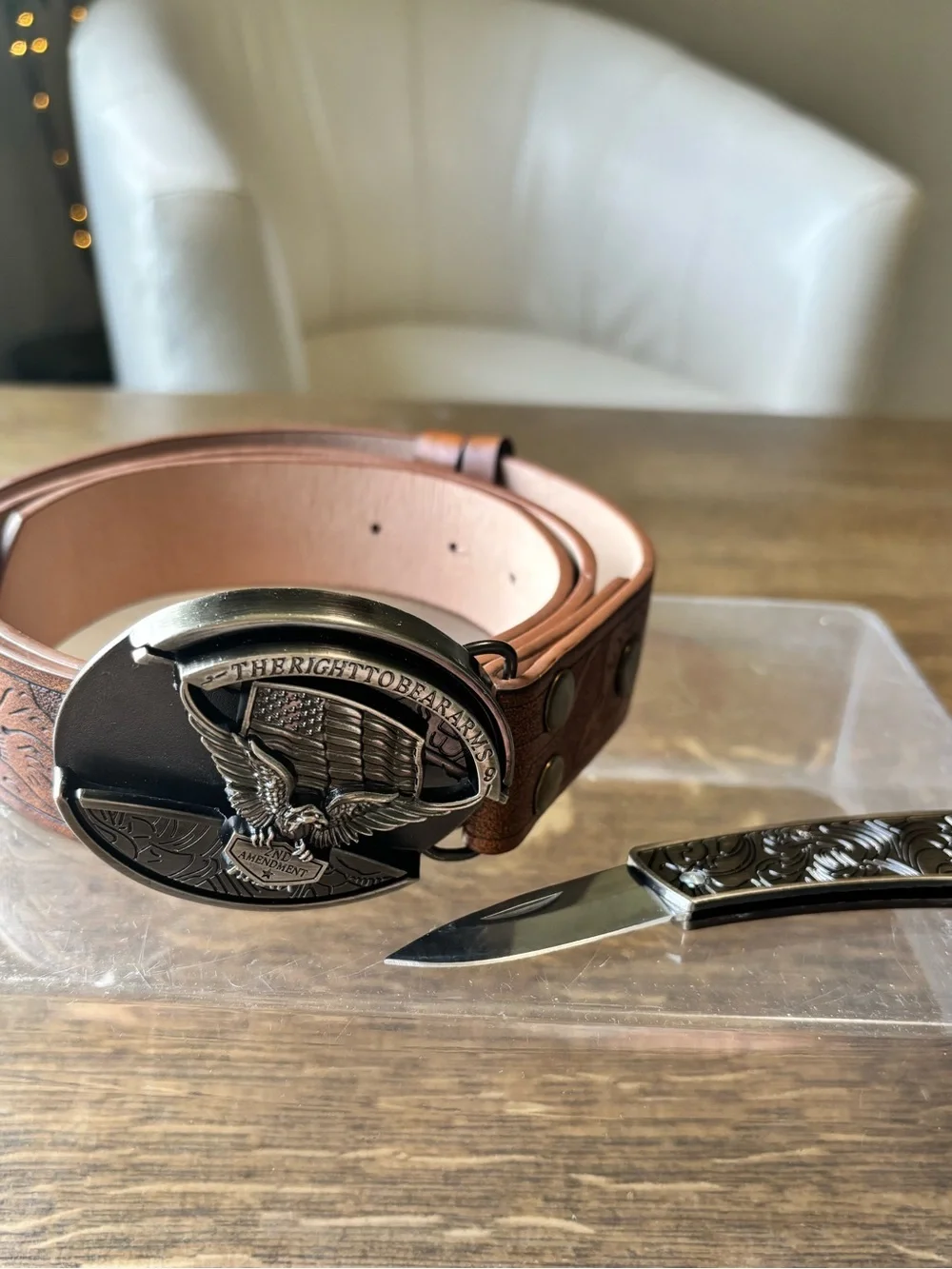 Western Silver Eagle Belt Buckle With Hidden utility knife